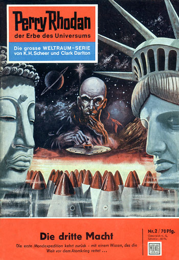 The cover of the second issue, titled 'Die Dritte Macht', showing a Buddha statue and the statue of liberty having a face-off, with a bald man contemplating pushing the big red button and some nuclear missiles in the background.
