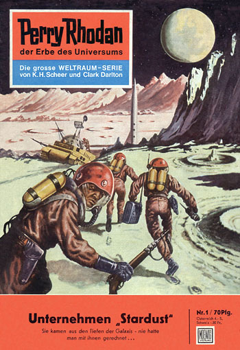 The cover of the first issue, 'Unternehmen Stardust', showing a bunch of very nervous men with guns, on the moon.
