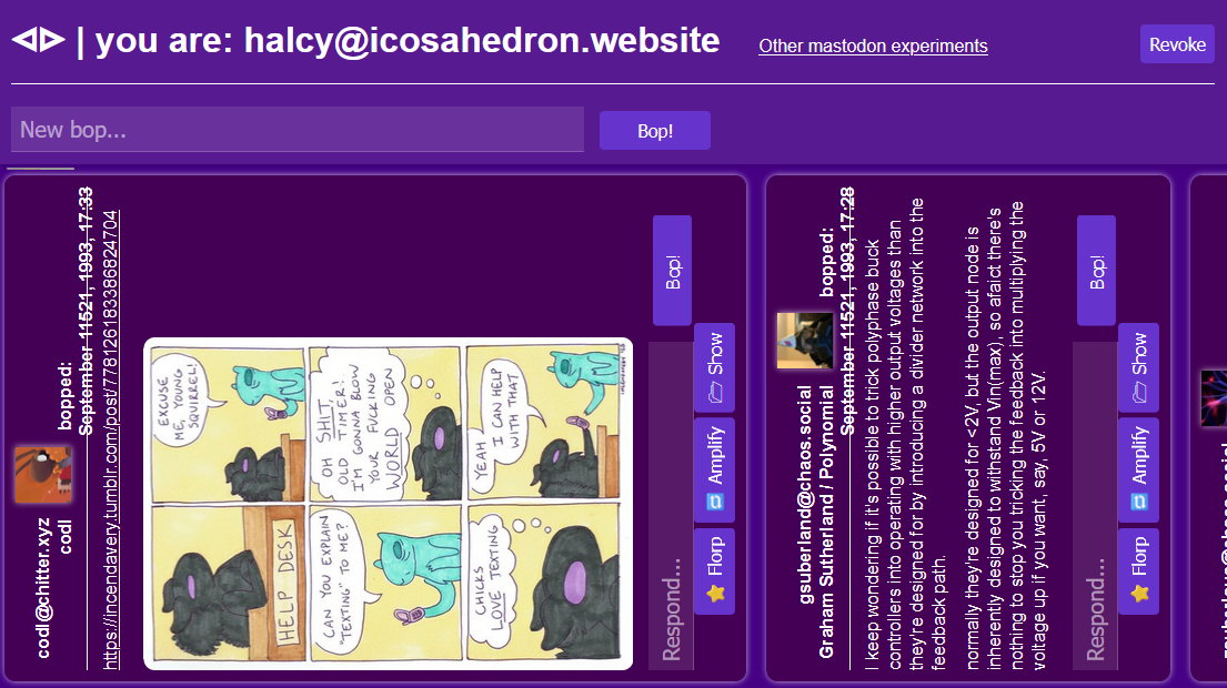 Mastodon client but the timeline goes entirely sideways and likes are, of course, now florps. Mastodon client but the timeline goes entirely sideways and likes are, of course, now florps.