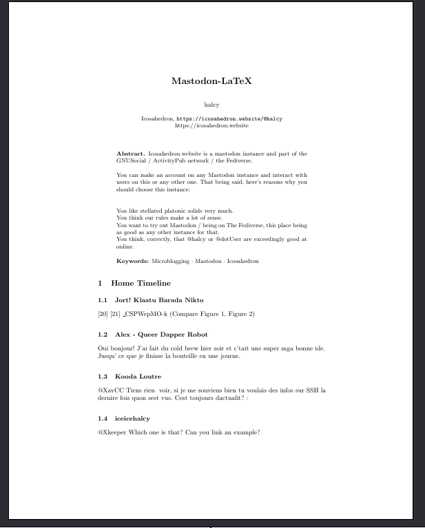 My Mastodon home timeline (from a few years back) rendered as a PDF that looks like a research paper My Mastodon home timeline (from a few years back) rendered as a PDF that looks like a research paper