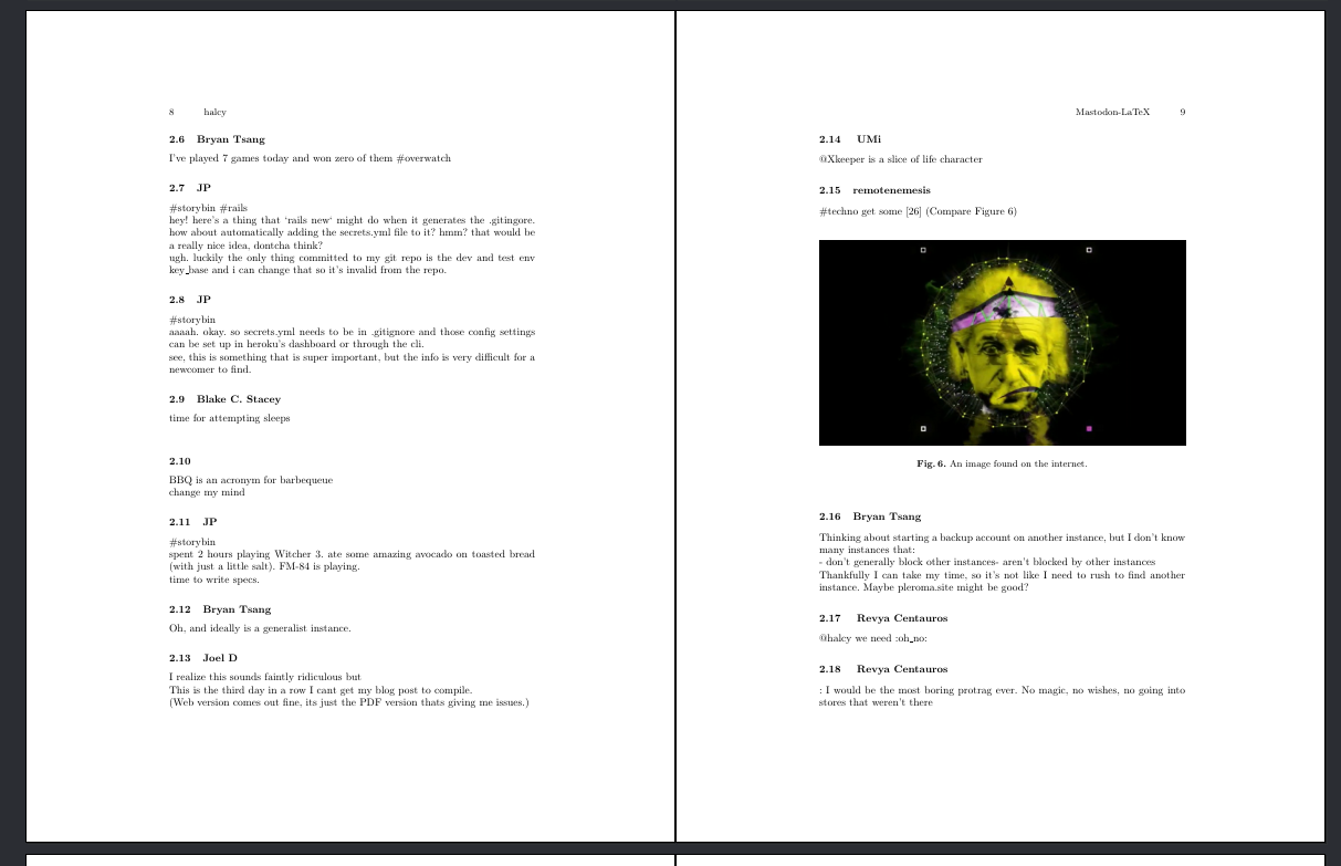 My Mastodon home timeline (from a few years back) rendered as a PDF that looks like a research paper My Mastodon home timeline (from a few years back) rendered as a PDF that looks like a research paper