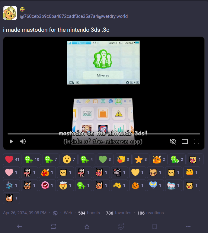 Mastodon on the Nintendo 3DS inside the Miiverse app, by @760ceb3b9c0ba4872cadf3ce35a7a4@wetdry.world Mastodon on the Nintendo 3DS inside the Miiverse app, by @760ceb3b9c0ba4872cadf3ce35a7a4@wetdry.world