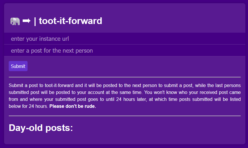 Log-in, and only, screen for toot-it-forward Log-in, and only, screen for toot-it-forward